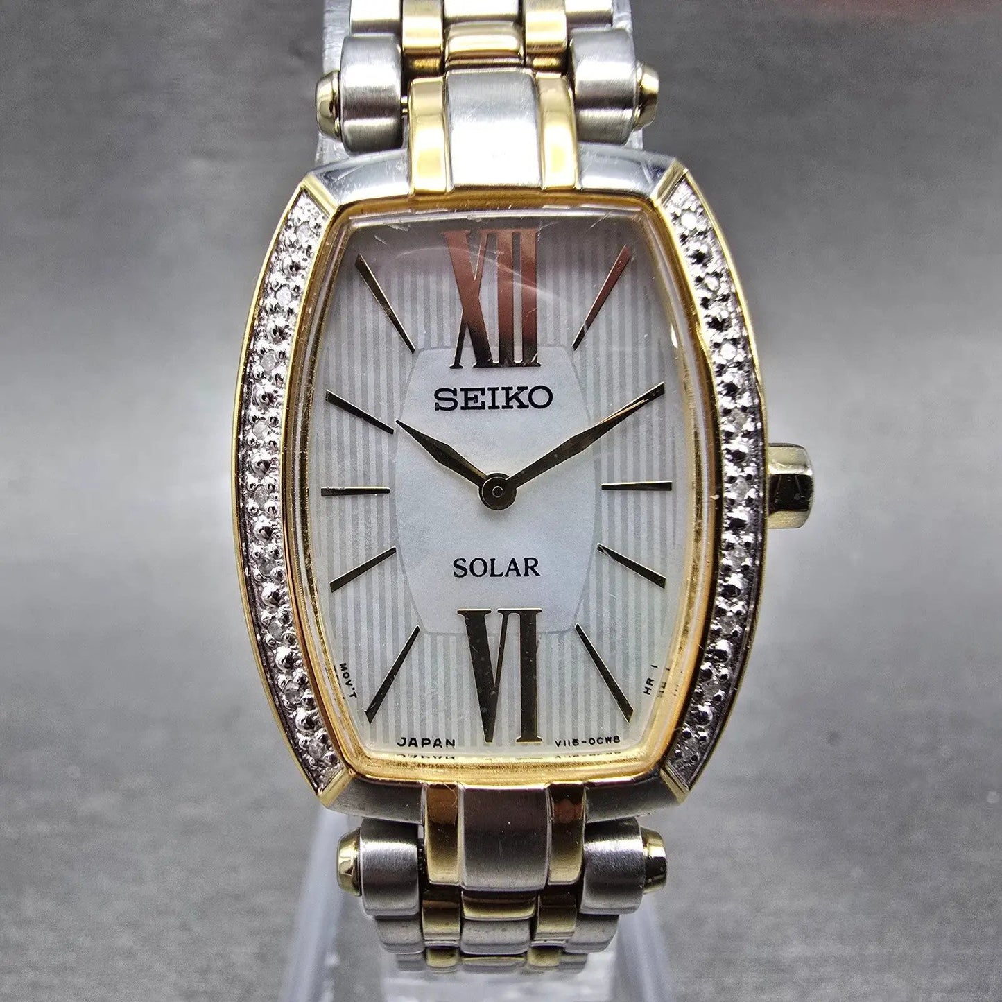 Seiko Solar Watch Women 22mm MOP Dial Two Tone Rectangle Diamonds Works BFSOK0