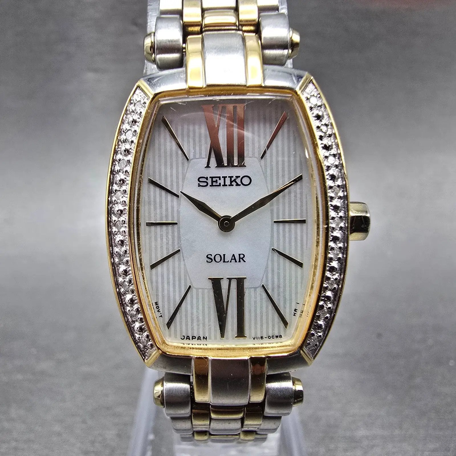 Seiko Solar Watch Women 22mm MOP Dial Two Tone Rectangle Diamonds Works BFSOK0