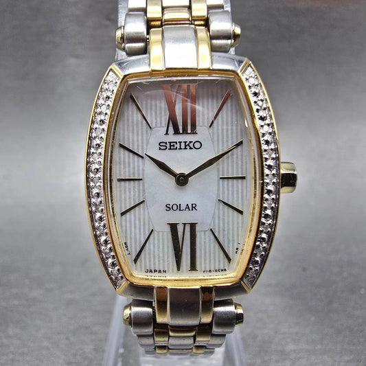 Seiko Solar Watch Women 22mm MOP Dial Two Tone Rectangle Diamonds Works BFSOK0