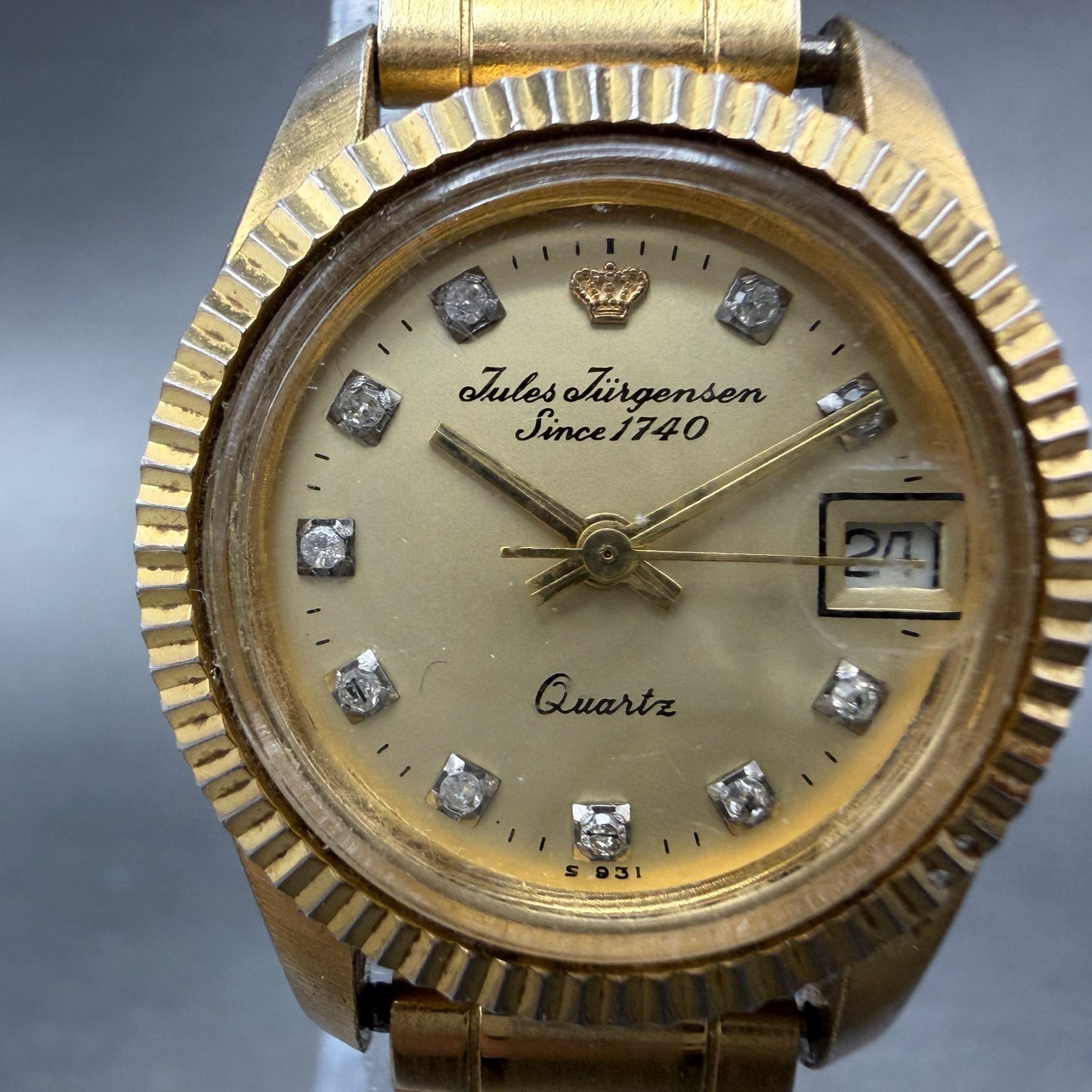 Jules Jurgenson Watch Women 24mm Gold Dial Gold Tone Date Round New Battery 64841