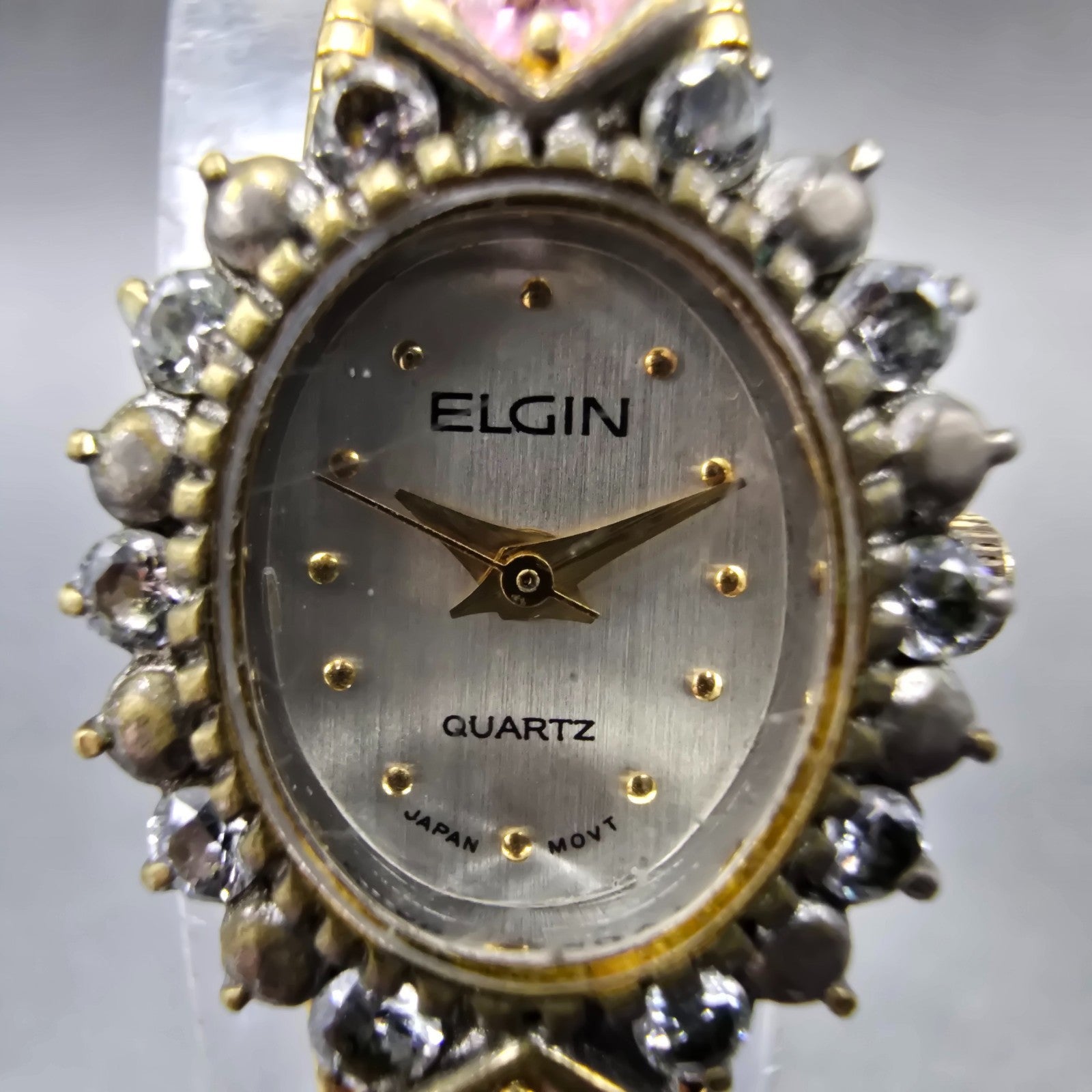 Elgin Watch Women 16mm Silver Dial Gold Tone Oval Crystal Accents New Battery1