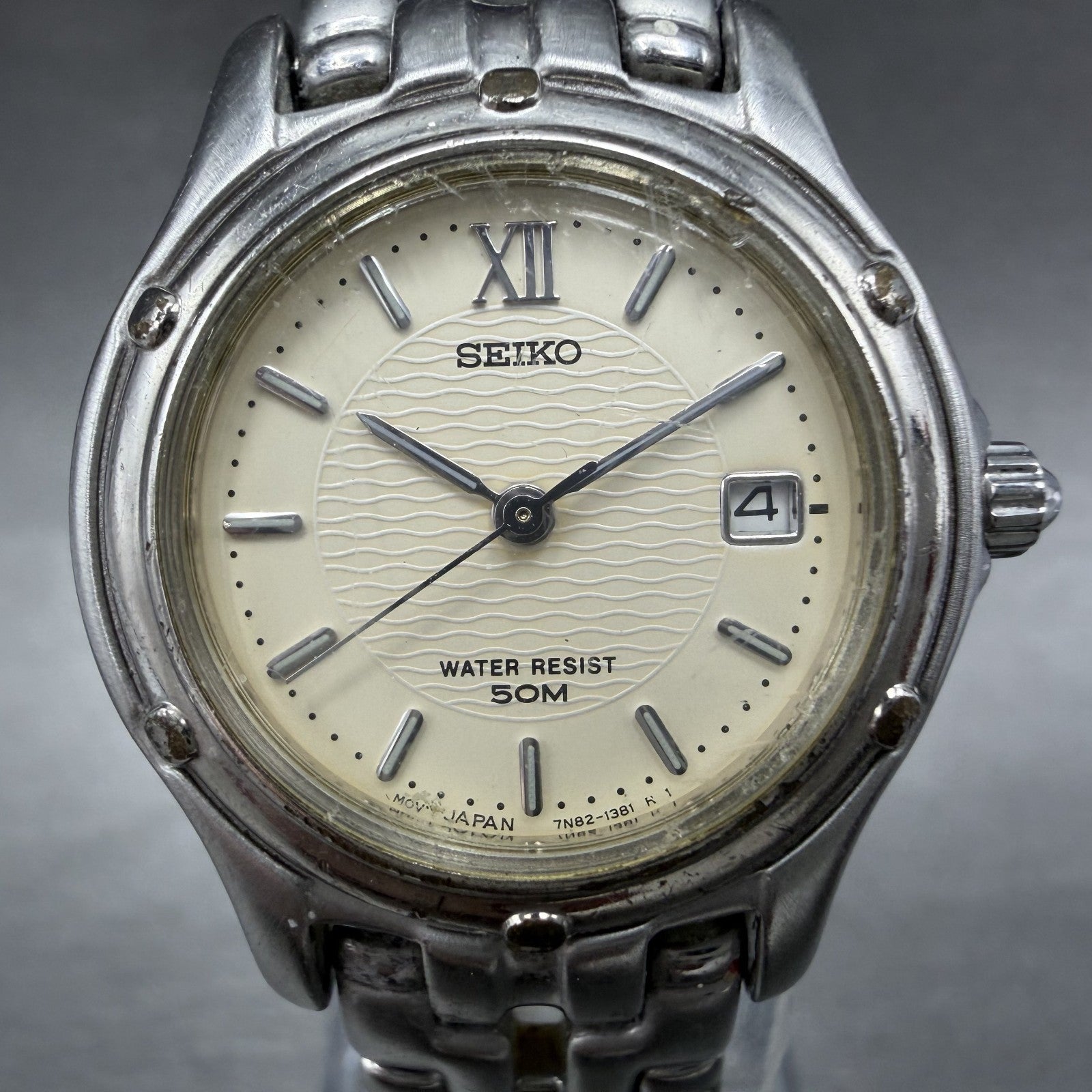 Seiko Watch Women 26mm Cream Dial Silver Tone Date Round 7N82-0599 New Battery Y1