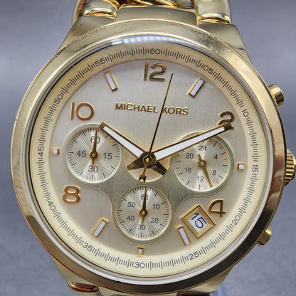 Michael Kors Runway Chronograph Watch Women 38mm Champagne Dial Gold New Batter1