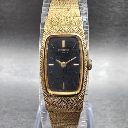 Seiko Watch Women 13mm Black Dial Gold Tone Rectangle 2E20-6139 New Battery VTGL0