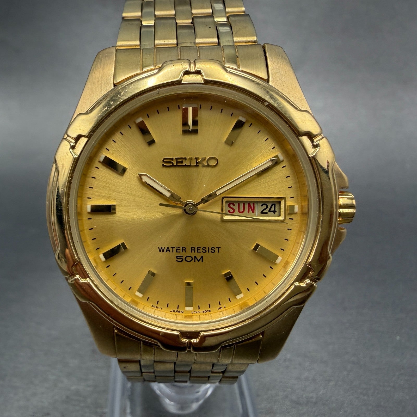 Seiko Watch Men 38mm Champagne Dial Gold Tone Daydate V743-8B39 New Battery0