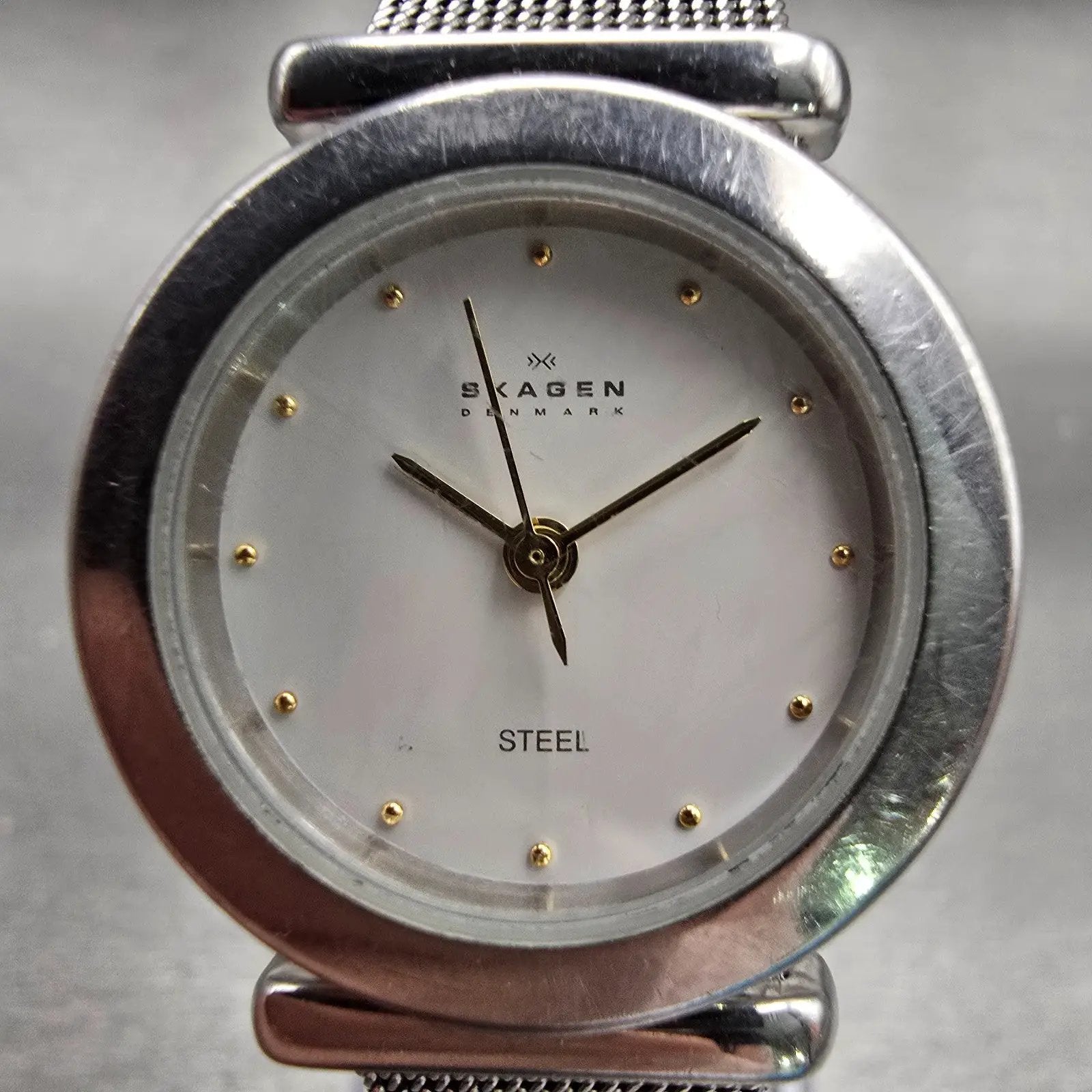 Skagen Watch Women 26mm White Dial Silver Tone Round 107SSSBD Mesh Band New Batt1