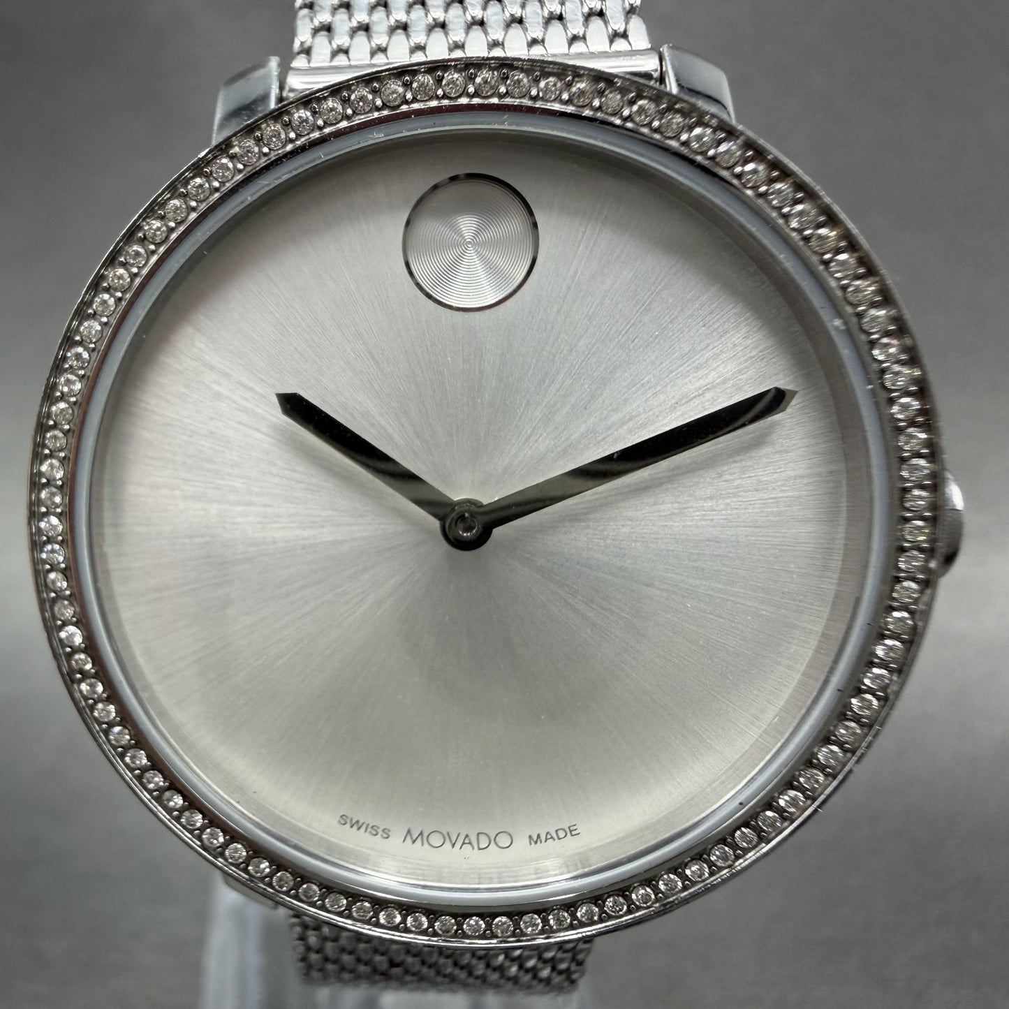 Movado Bold Shimmer Watch Women 34mm Silver Dial Steel Crystal Bezel New Batt1