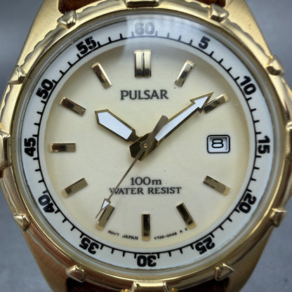 Pulsar Dive Watch Men 39mm Cream Dial Gold Tone Date V732-0E00 SAMPLE PARTS2