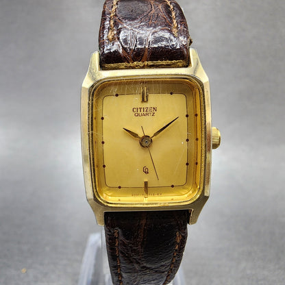 Citizen CQ Tank Watch Women 19mm Gold Dial Gold Tone Rectangle New Battery0