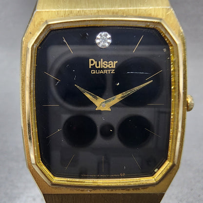 Pulsar Tank Watch Men 28mm Black Dial Gold Tone Rectangle V3205160 New battery1