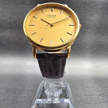 Pulsar Watch Men 36mm Gold Dial Gold Tone Round V501-0A50 New Battery5