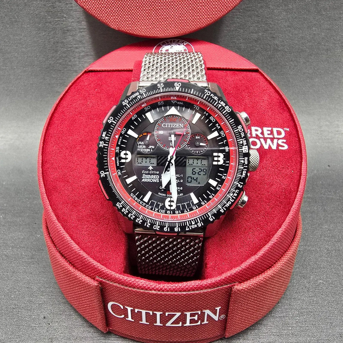 Citizen Skyhawk Red Arrows Watch Men 45mm Black Dial Steel Red Eco-Drive Works0
