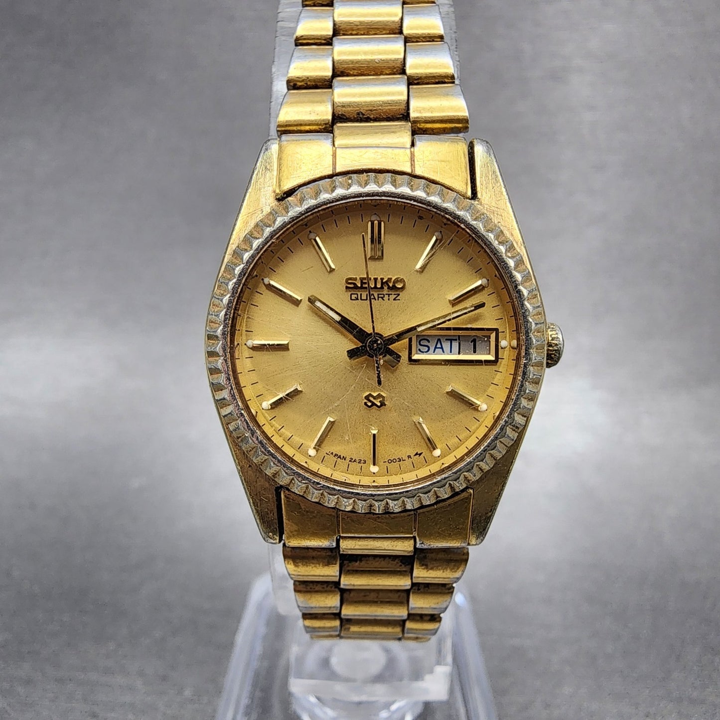 Seiko SQ Watch Women 24mm Champagne Dial Gold Tone Daydate 2a230030 New Battery0