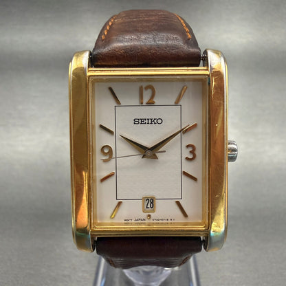 Seiko Watch Men 28mm White Dial Gold Tone Date Rectangle V732-0449 New Battery0