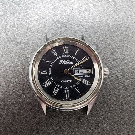 VTG Bulova Accutron Watch Men 33mm Black Dial Silver Tone Daydate PARTS0