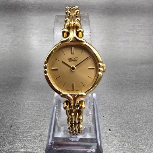 Seiko Watch Women 20mm Gold Dial Gold Tone Round 2320-6099 New Battery Vintage0