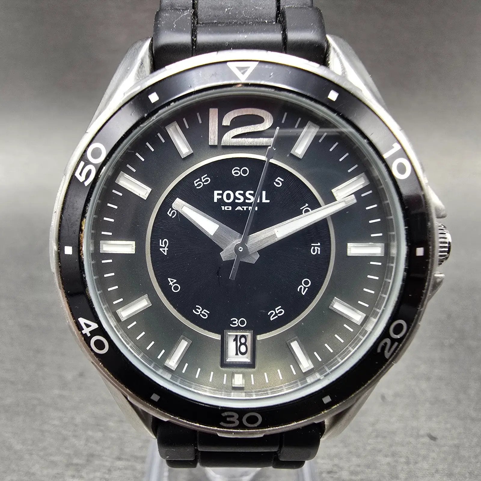 Fossil Dive Watch Men 38mm Black Dial Silver Tone Date Round AM-4264 New Battery0