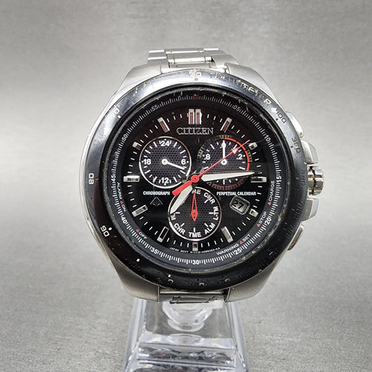 Citizen Eco-Drive Chronograph Watch Men 47mm Black Dial Steel Date Round Runs