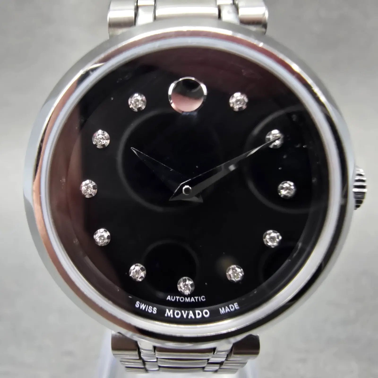 Movado Automatic Watch Women 27mm Black Dial Silver Tone Round 0606919 Runs1