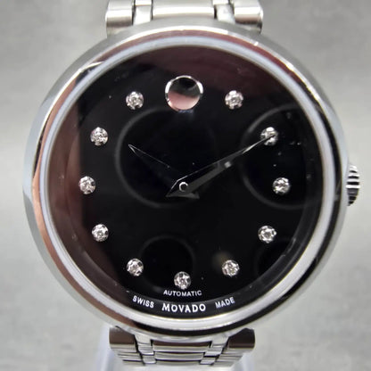 Movado Automatic Watch Women 27mm Black Dial Silver Tone Round 0606919 Runs1