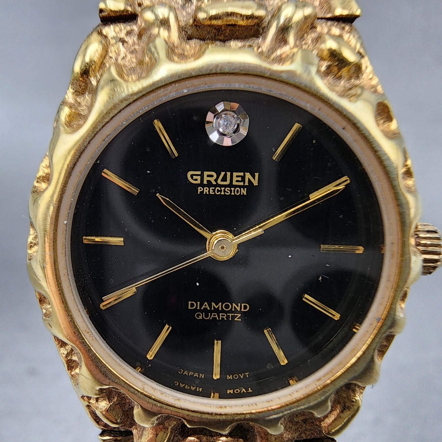 Gruen Watch Women 25mm Black Dial Gold Nugget Case Tone New Battery VTG1