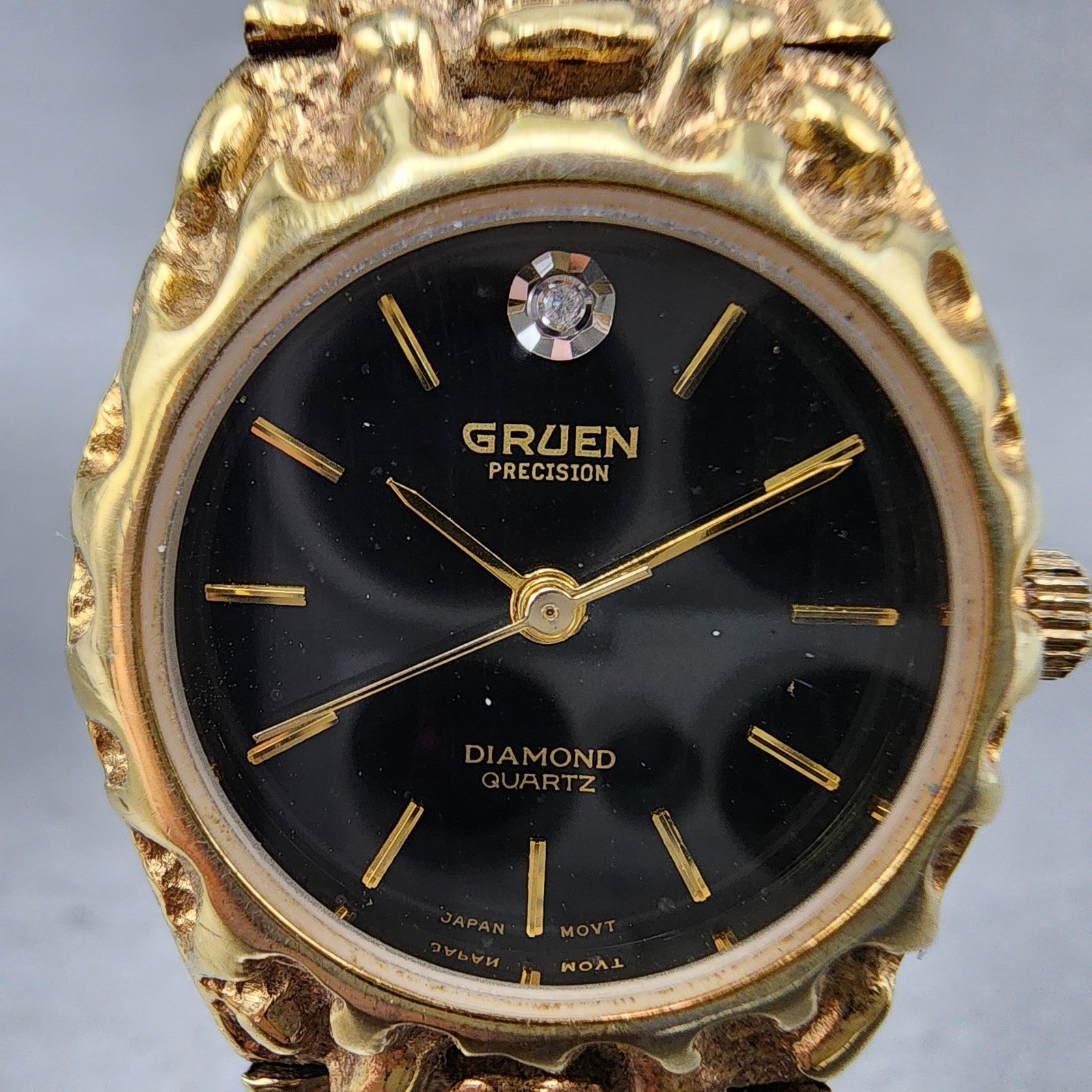 Gruen Watch Women 25mm Black Dial Gold Nugget Case Tone New Battery VTG1