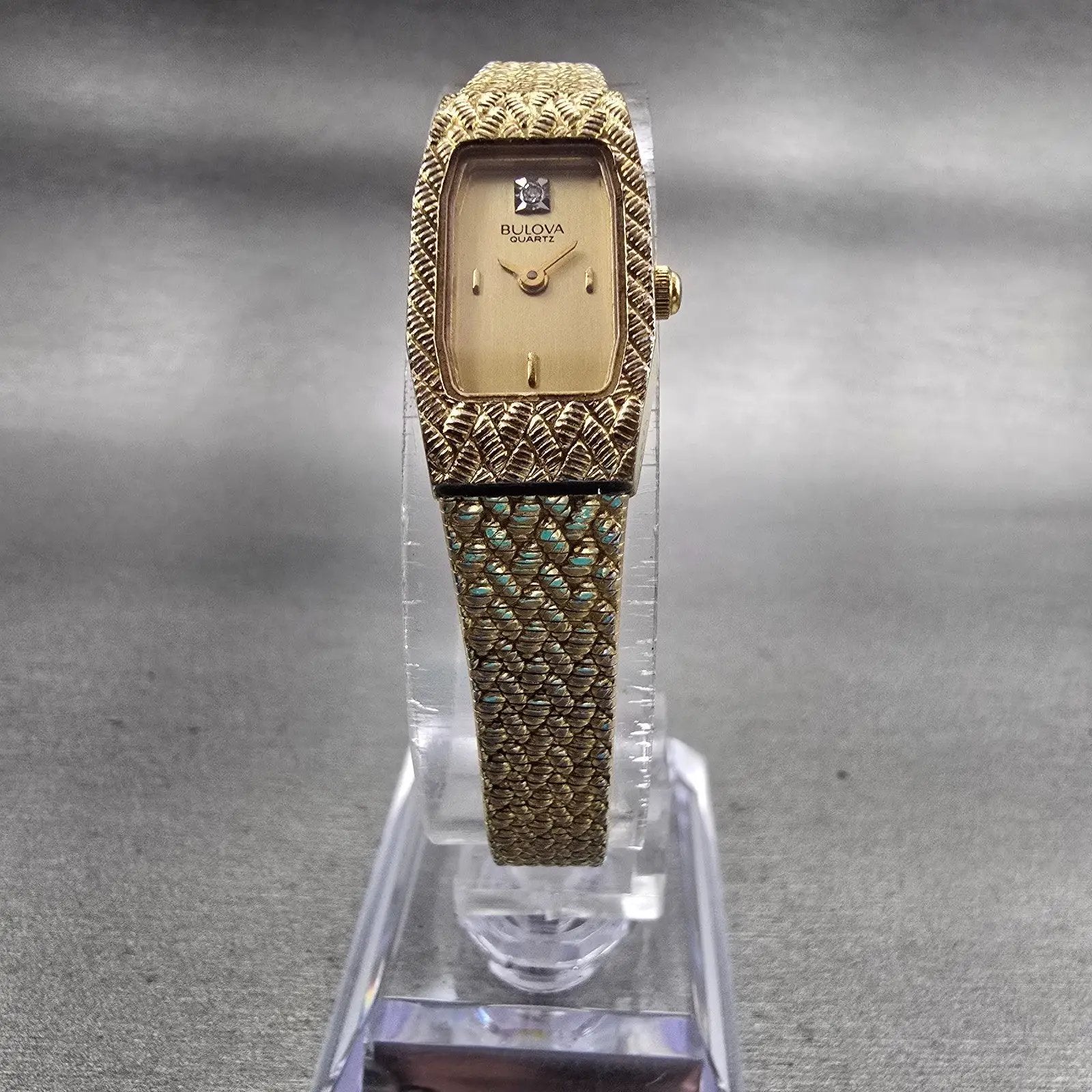 Bulova Watch Women 13mm Gold Dial Gold Tone Rectangle New Battery Vintage 92T515