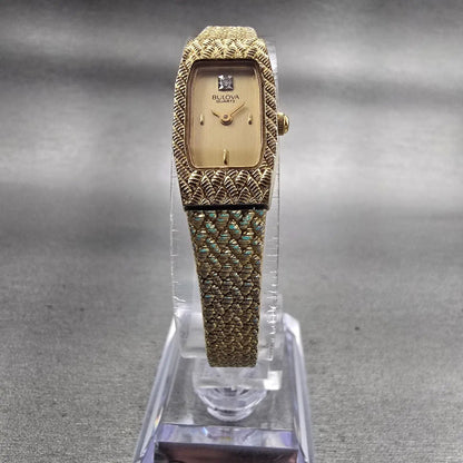 Bulova Watch Women 13mm Gold Dial Gold Tone Rectangle New Battery Vintage 92T515