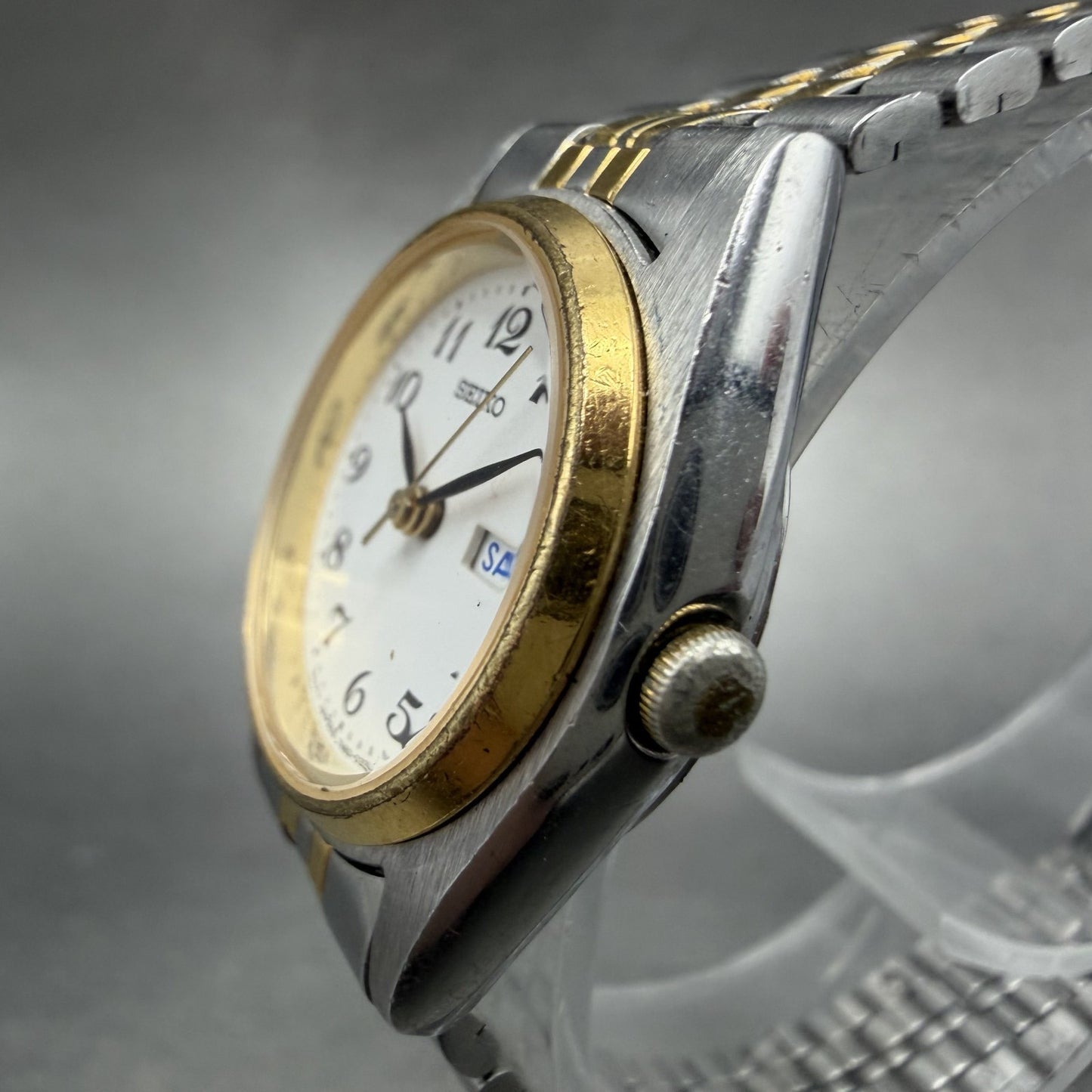 Seiko Watch Women 23mm White Dial Two Tone Daydate 7n83-0011 New Battery ABC9362