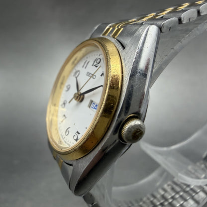 Seiko Watch Women 23mm White Dial Two Tone Daydate 7n83-0011 New Battery ABC9362
