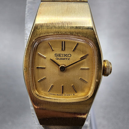 Seiko Watch Women 16mm Gold Dial Gold Tone Rectangle 54205039 New Battery A VTG1