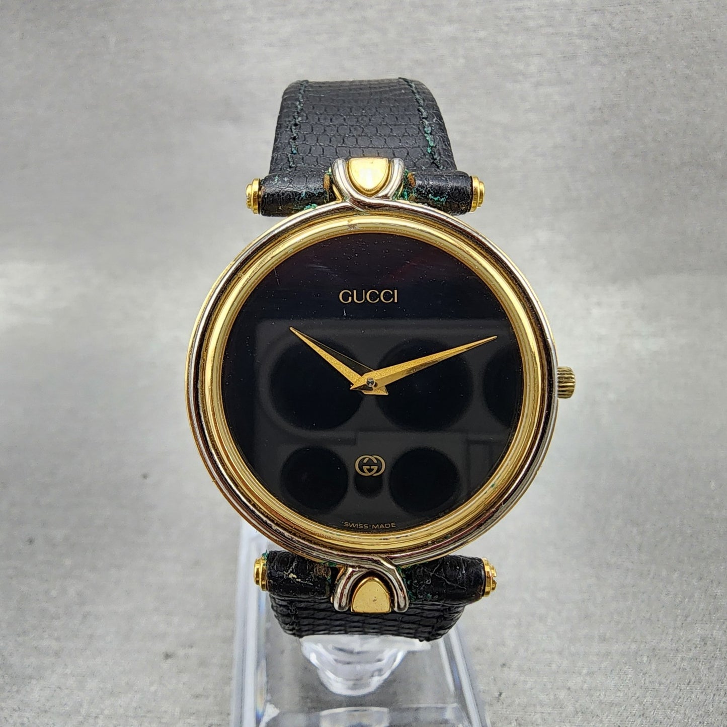Gucci 4500m Watch Men 32mm Black Dial Gold Plated Round Leather Band New Battery0