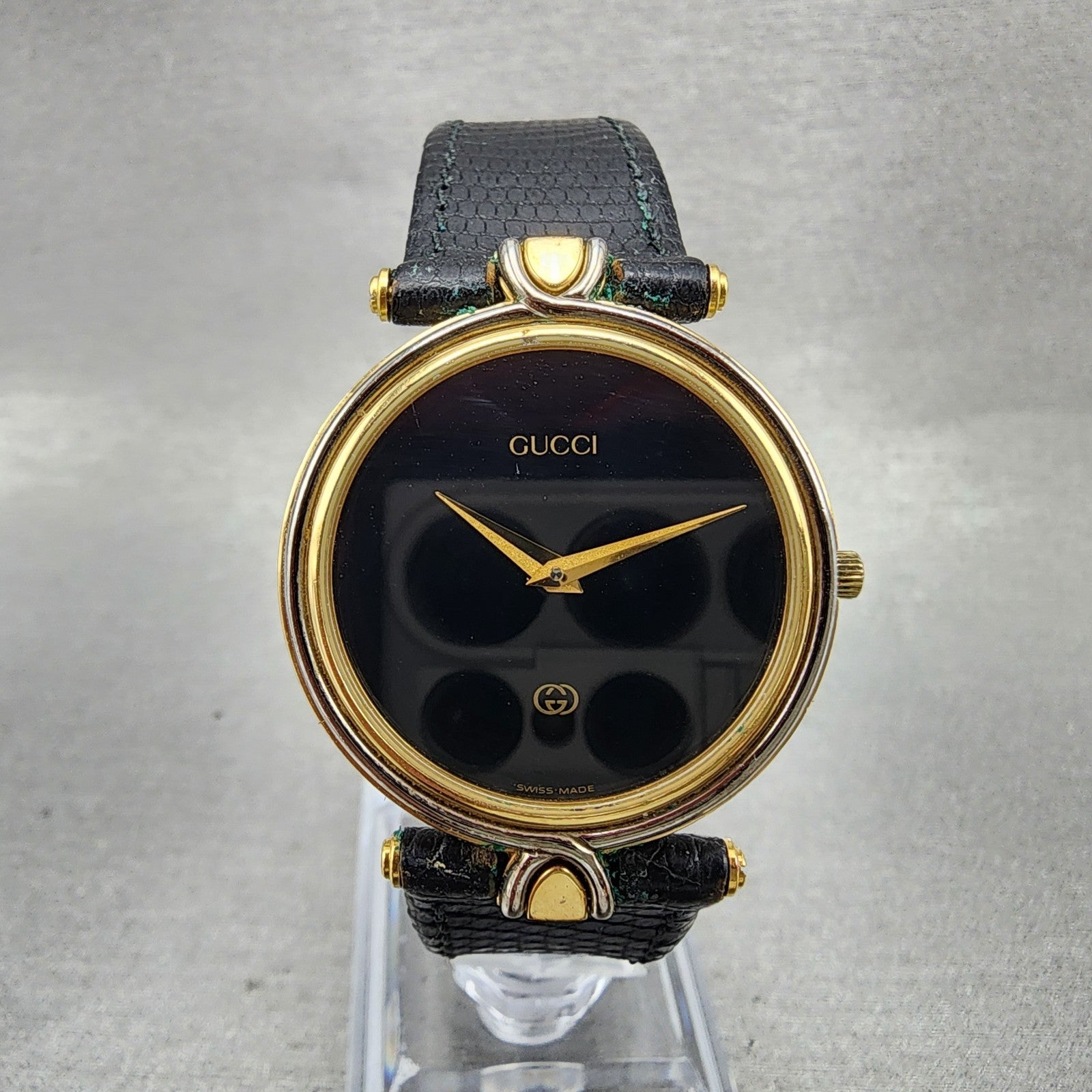 Gucci 4500m Watch Men 32mm Black Dial Gold Plated Round Leather Band New Battery0