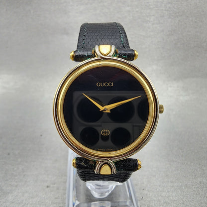 Gucci 4500m Watch Men 32mm Black Dial Gold Plated Round Leather Band New Battery0