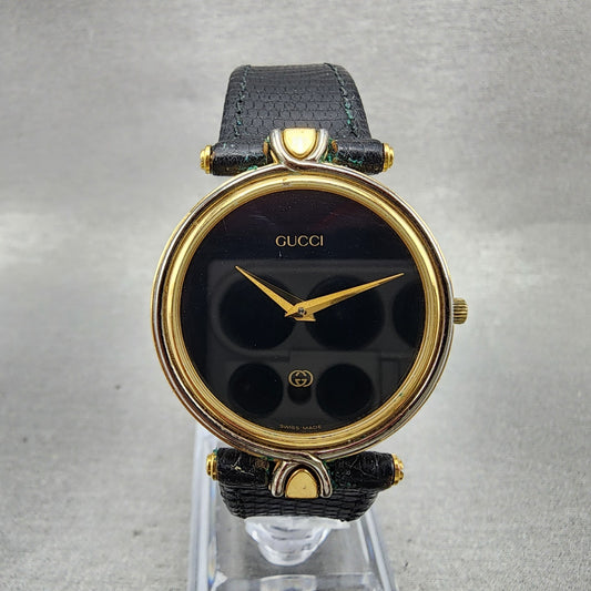 Gucci 4500m Watch Men 32mm Black Dial Gold Plated Round Leather Band New Battery0