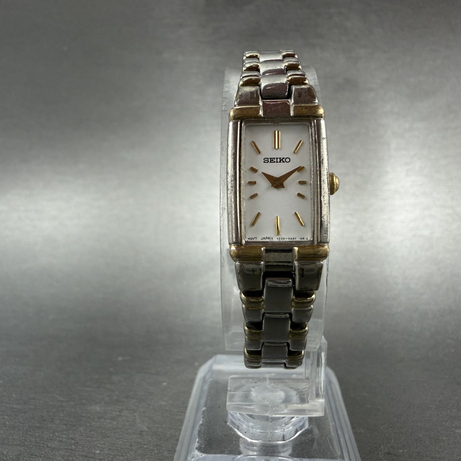 Seiko Tank Watch Women 13mm White Dial two Tone Rectangle V220-0ab0 New Batt OH75