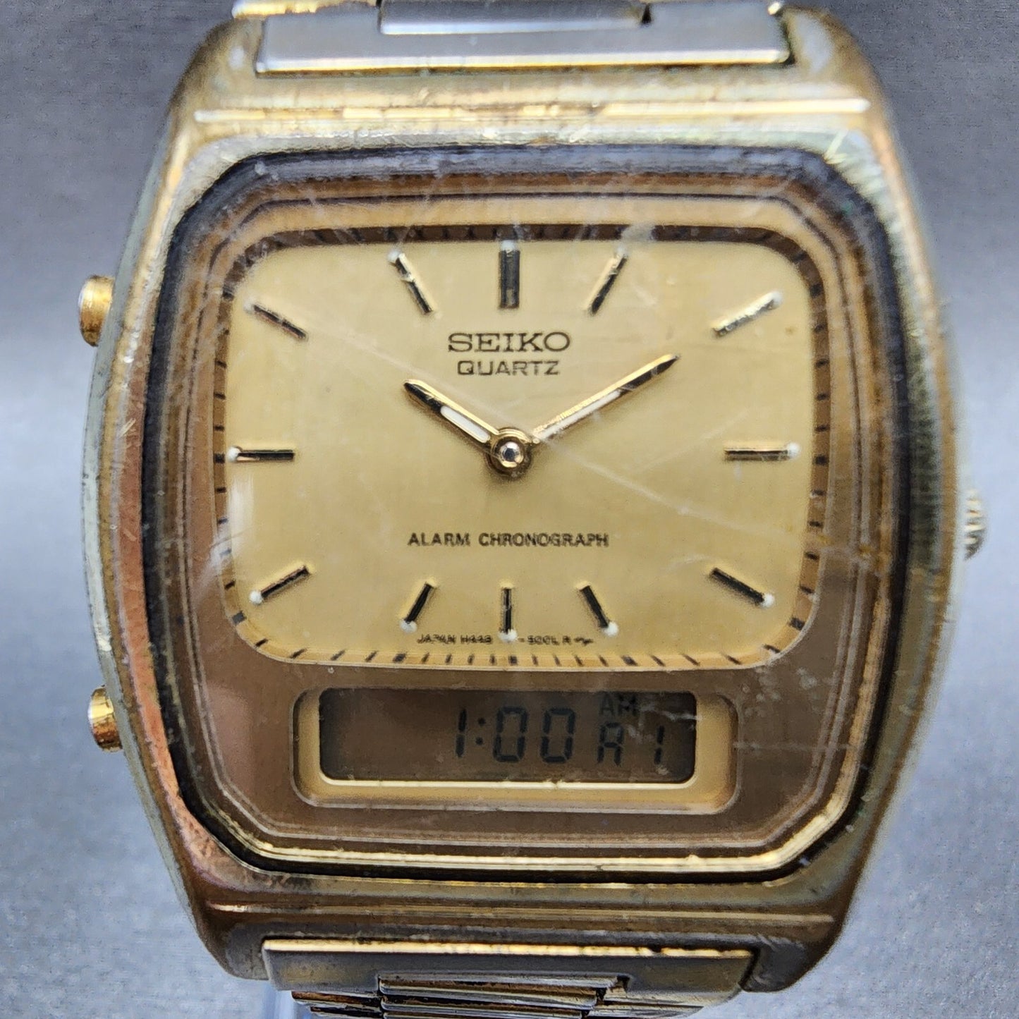 Seiko Analog Digital Watch men 33mm Gold Dial Gold Tone H448-5009 PARTS
