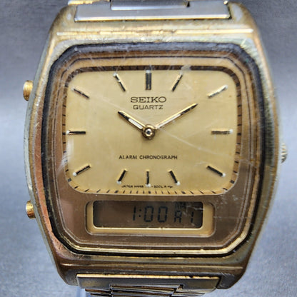 Seiko Analog Digital Watch men 33mm Gold Dial Gold Tone H448-5009 PARTS