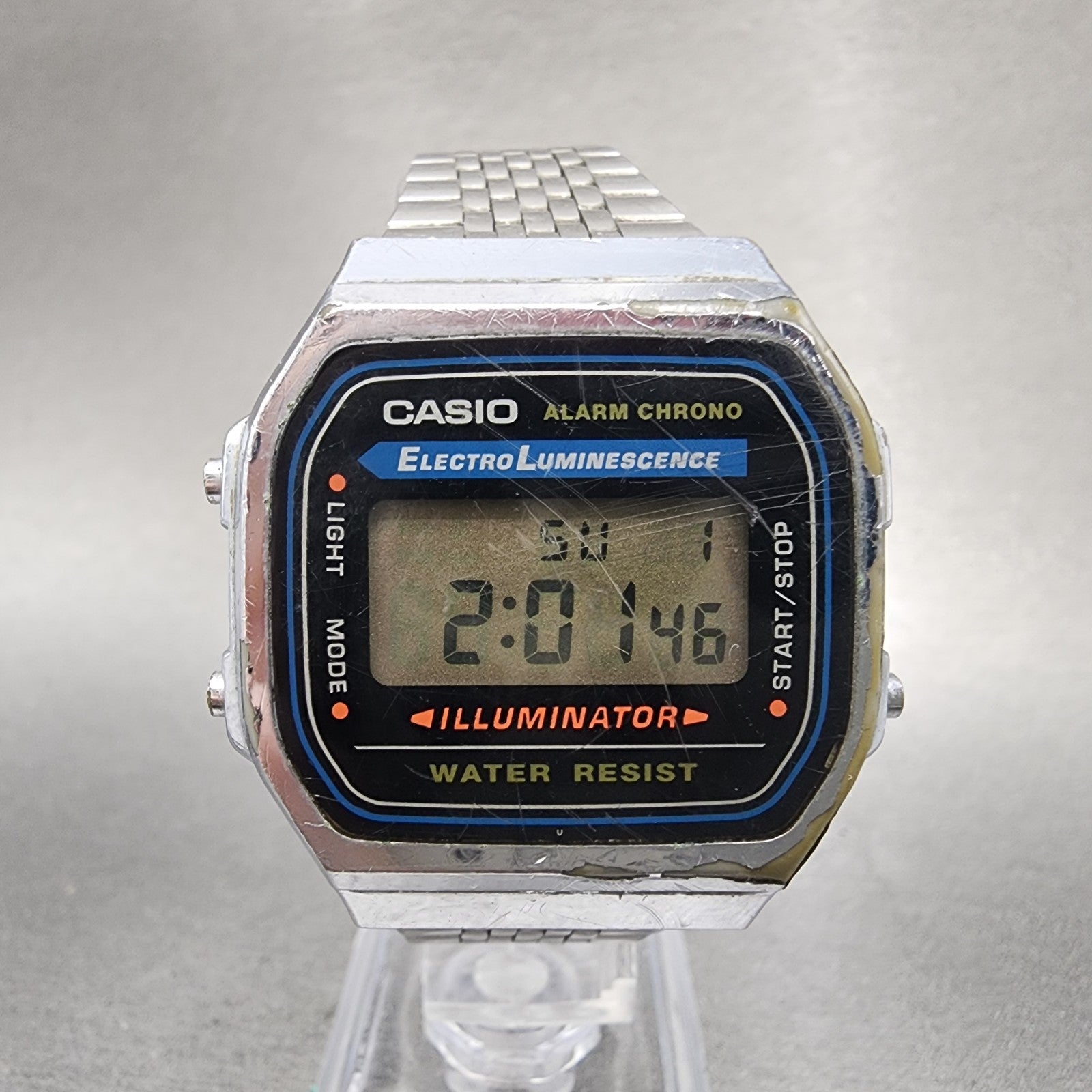 Casio A168 Watch Men 36mm Digital Silver Tone Octagon Alarm Chrono New Battery0