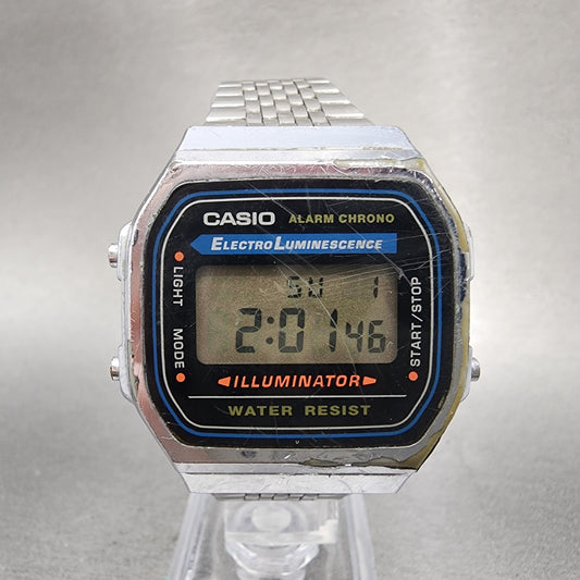 Casio A168 Watch Men 36mm Digital Silver Tone Octagon Alarm Chrono New Battery0