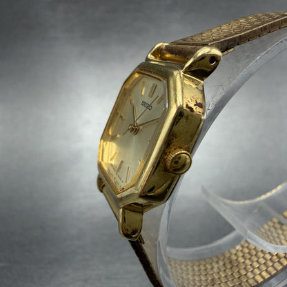 Seiko Watch Women 20mm Champagne Dial Gold Tone Octagon 4n21-5022 New Battery2