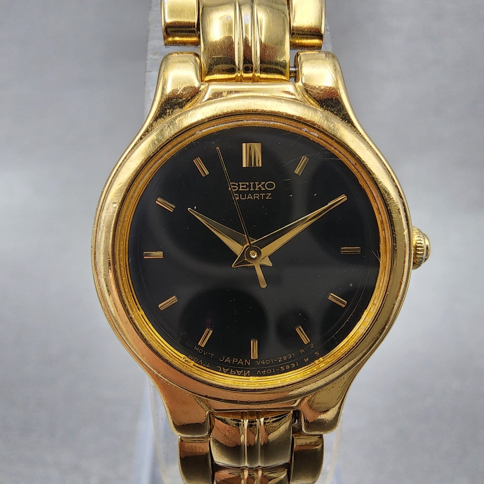Seiko Watch Women 21mm Black Dial Gold Tone Round V4011111 New Battery1