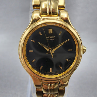 Seiko Watch Women 21mm Black Dial Gold Tone Round V4011111 New Battery1
