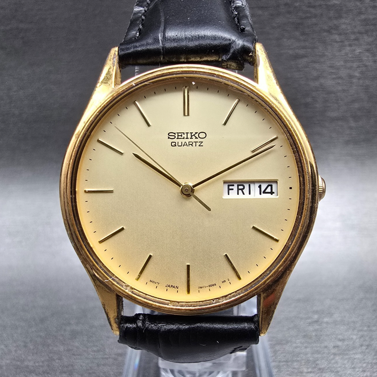 Seiko Watch Men 34mm Champagne Dial Gold Tone Daydate Round 7N43-8A89 New Batt X0