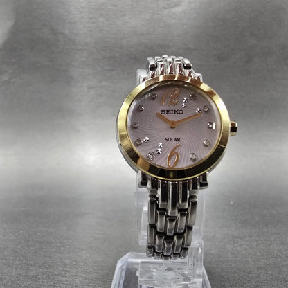 Seiko Solar Watch Women 24mm MOP Dial Two Tone Round V115-0CL0 Runs Crystals9