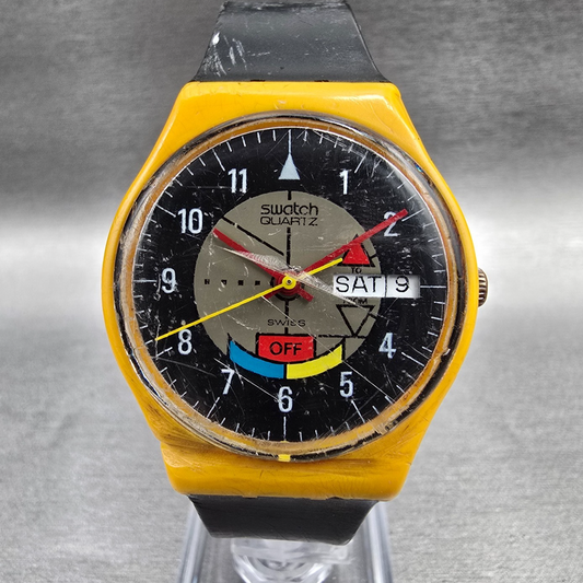 Swatch Yamaha Racer Watch Men 35mm Black Dial Yellow Case GJ700 New Battery0