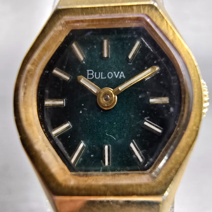 Bulova Watch Women 17mm Green Dial Gold Tone Oval Manual Wind Runs Vintage1