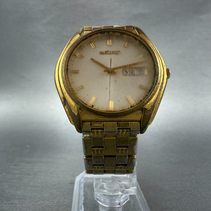 Seiko Watch Men 37mm White Dial Gold Tone Daydate V743-8069 New Battery5