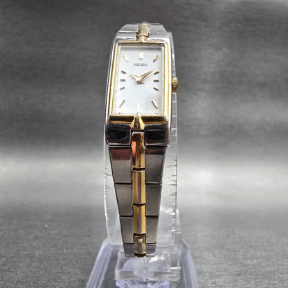 Seiko Watch Women 13mm White Dial Two Tone Rectangle 2E20-7479 New Battery JP2175