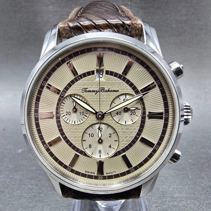Tommy Bahama Panama-Crono Watch Men 42mm Cream Dial Steel Date TB1137 New Batt0